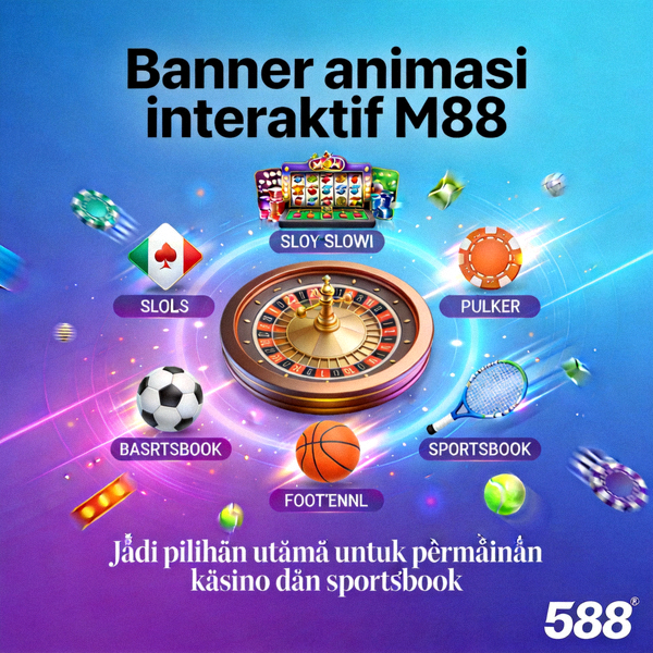 Banner animasi interaktif M88 menampilkan beragam permainan casino dan sportsbook